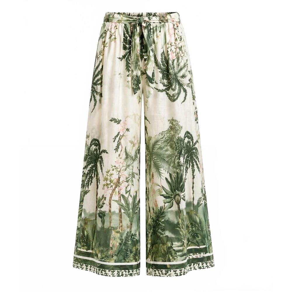 NEW MILIO MILANO women's tropical palm tree wide leg linen pants in green
